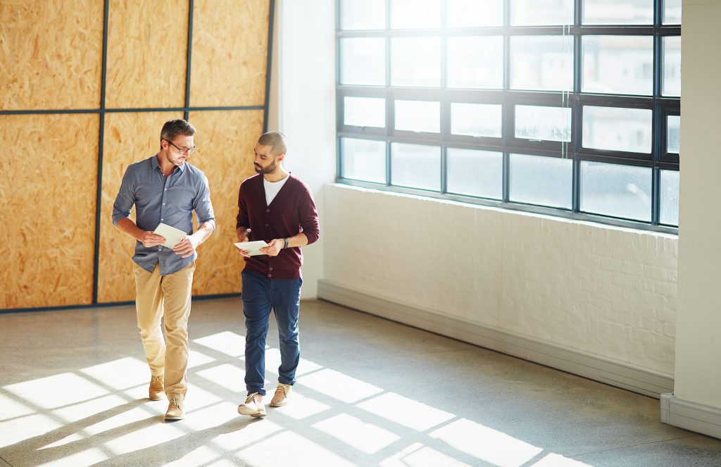 Business people, discussion and empty office